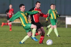 Gary Patton and Jonny Robb tussle for possession during Sunday's match at Dry Arch Park. Pic.: Gary Foy, League PRO