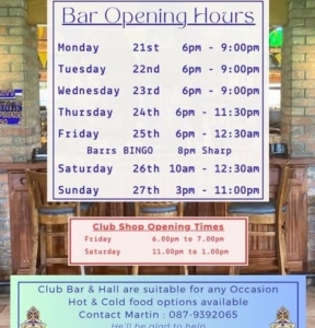 This Week’s Bar & Club Shop Opening Hours at Crossmolina Deel Rovers