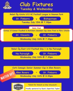 Updated Midweek Fixtures for St. Finbarr’s – Tuesday 15th & Wednesday 16th