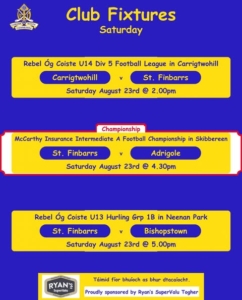 Fixture List: St. Finbarr’s GAA Week of August 21st–25th