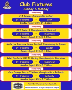 Fixture List: St. Finbarr’s GAA Week of August 21st–25th